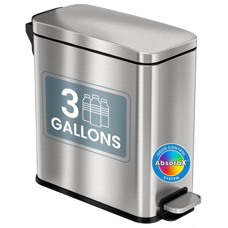 iTouchless SoftStep 3 Gallon Slim Bathroom Step Trash Can with AbsorbX Odor Filter & Removable Inner Bucket, Pedal Stainless Steel Garbage Bin for Bathroom, Bedroom, and Business Office Cubicle - Image 1